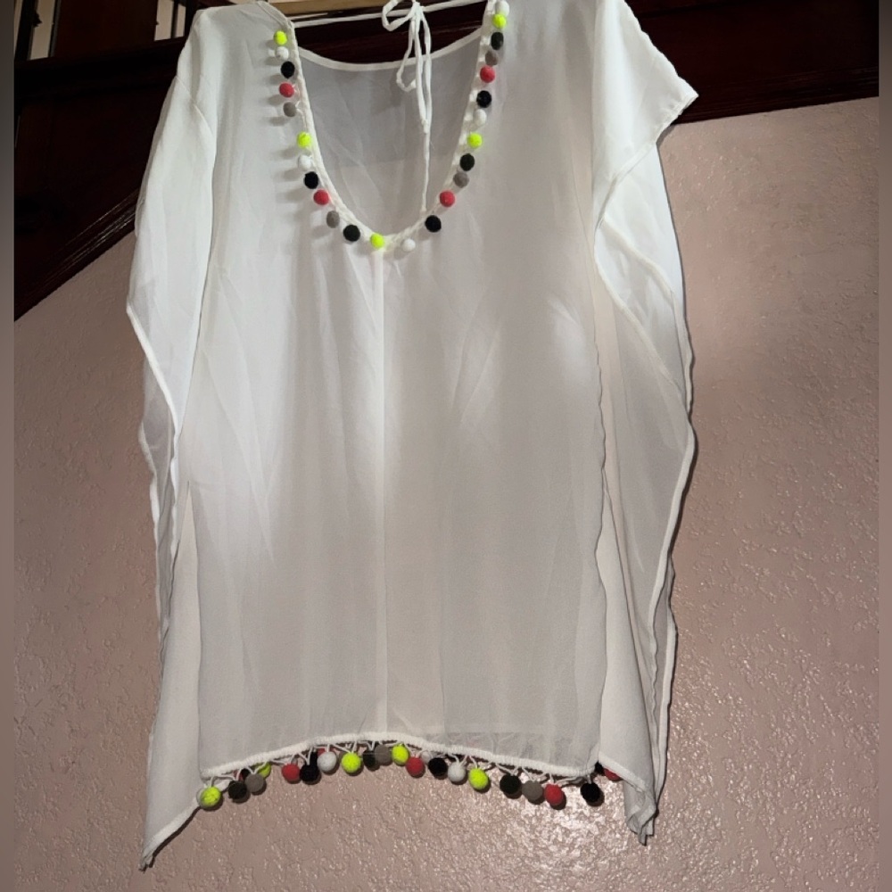 White Sheer Poncho with Colorful Pom Poms Swimwear Coverup Boho Beach Dress. - Picture 3 of 4